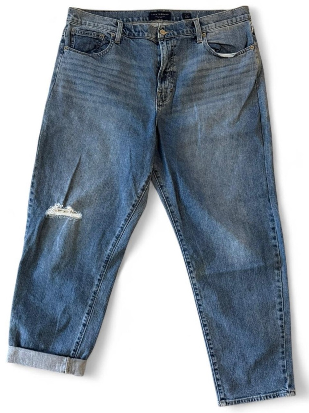 Lucky Brand blue high rise mom jeans distressed Mom Jean Drew cut casual - Picture 2 of 7